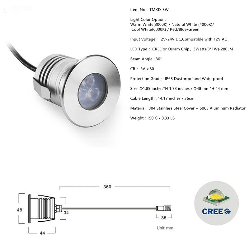 3W 3-LED Underwater Pool Lights – DC 12V / 24V Low Voltage | 3W | Stainless Steel & Aluminum Submersible Lights | IP68 Waterproof | Red / Green / Blue / 3000K / 4000K / 6000K for Pool, Fountain & Pond Lighting |  8 / 10-Pack