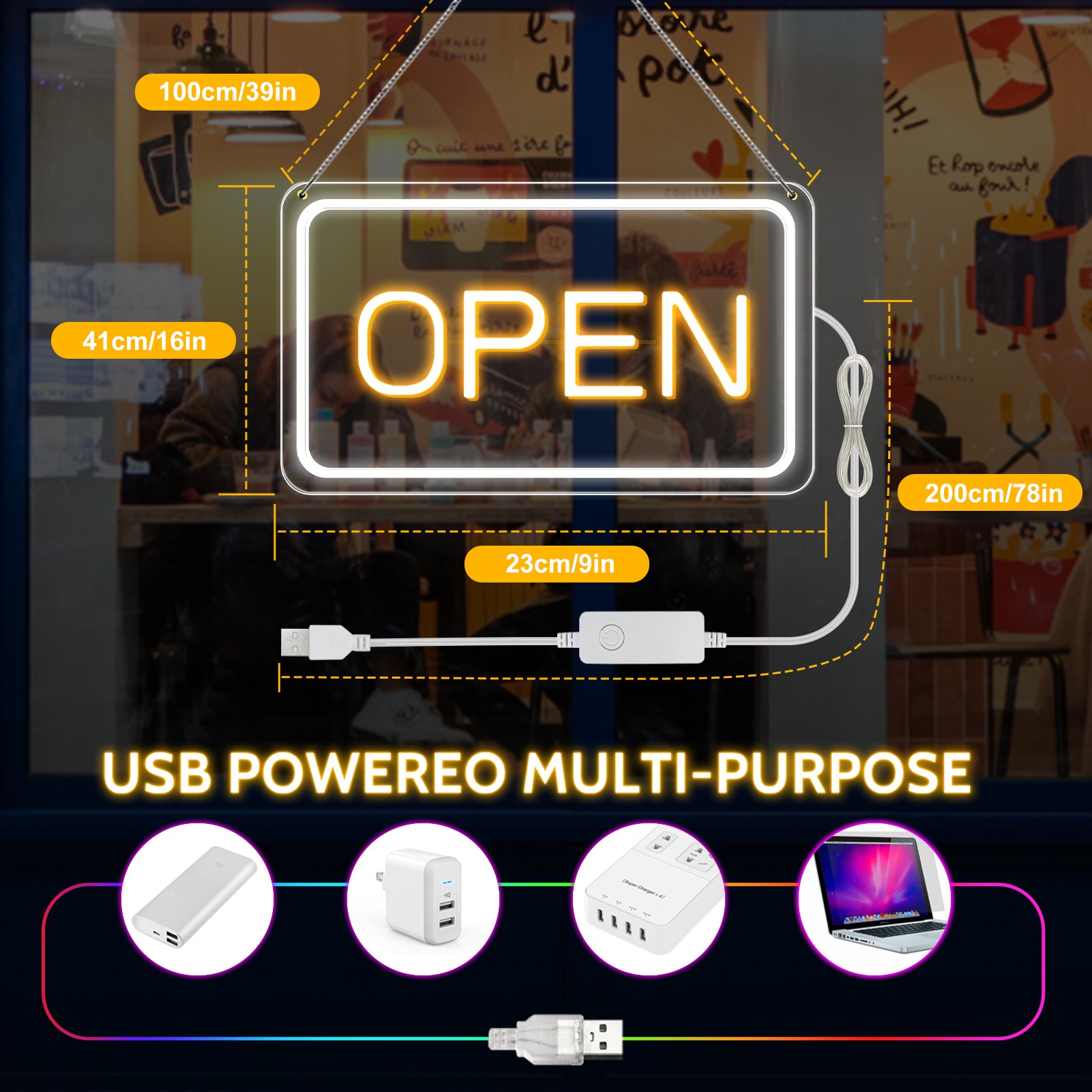 LightingWill LED Open Sign 16"x9" – Bright Neon Light with 5V COB Chip & ON/OFF Switch, Plug-in Open Sign for Stores, Cafes, Bars, Hotels, and Windows