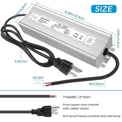 200W 12V/24V/36V/48V Waterproof LED Power Supply, 90-140V Input, Single/Dual Output, Aluminum Housing, Outdoor LED Lighting Driver, CE/RoHS/FCC Certified, US Plug