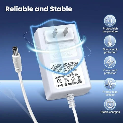 DC 12V Plug-in LED Adapter with On/Off Switch, 24W, US Plug, White Housing, 100–240V AC Input - Power Supply for LED Strip Lights, Decorative Lighting and Home Projects