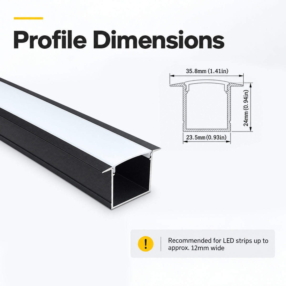 Black U05 36x24mm U-Shape LED Aluminum Channel, 20mm Inner Width, with Cover, End Caps & Mounting Clips for Spot-Free LED Strip Lighting