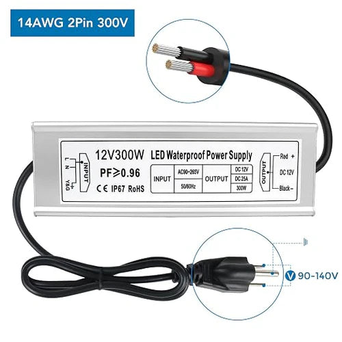300W 12V/24V Waterproof LED Power Supply, 90-265V Input, Single/Dual/Triple Wire Output, Aluminum Housing, Outdoor LED Lighting Driver, CE/RoHS/FCC Certified, US/UK/EU Plug