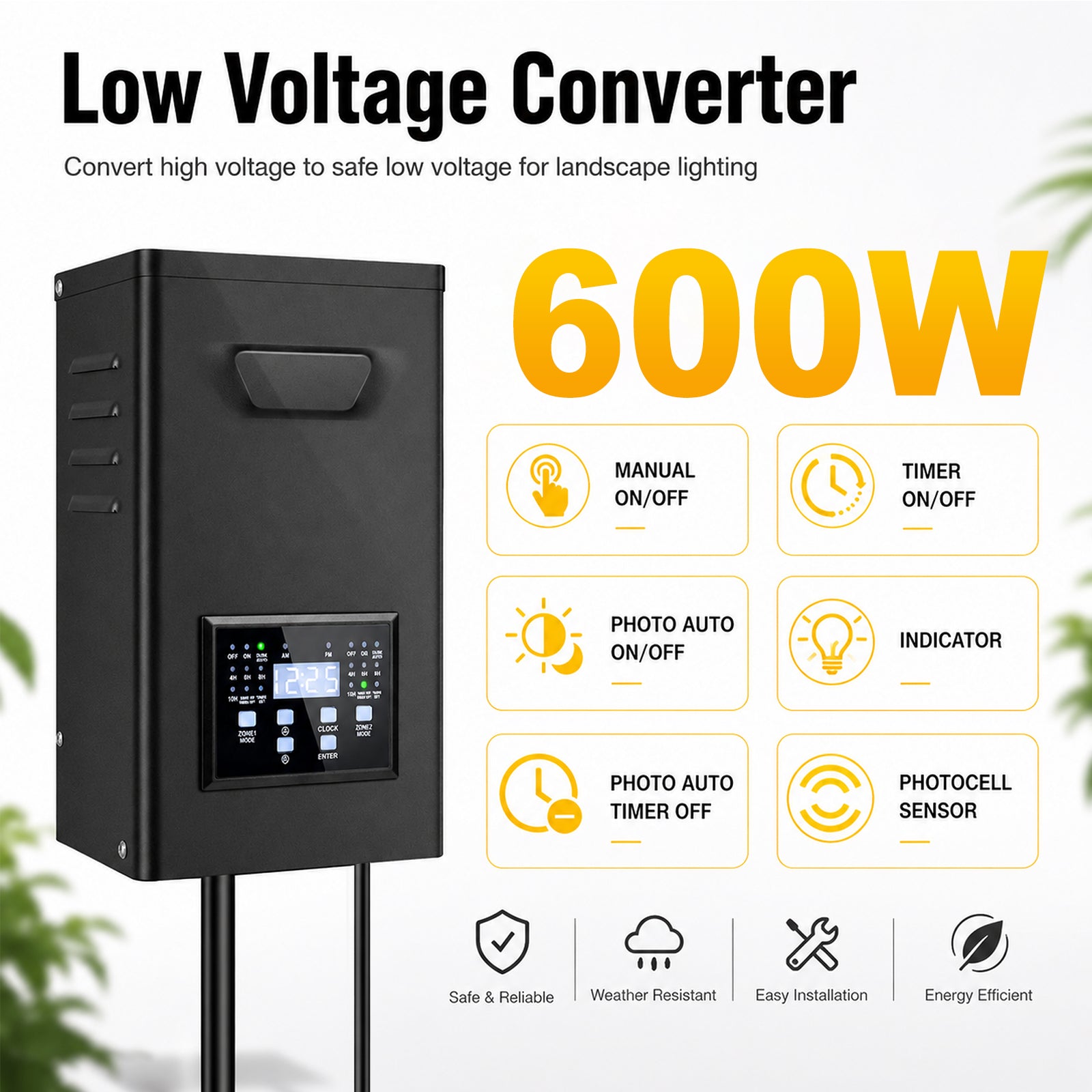 600W Landscape Lighting Transformers – 120V to 12V/15V AC, Dual Zone, Timer & External Photocell, Power Supply for Landscape Lighting Systems