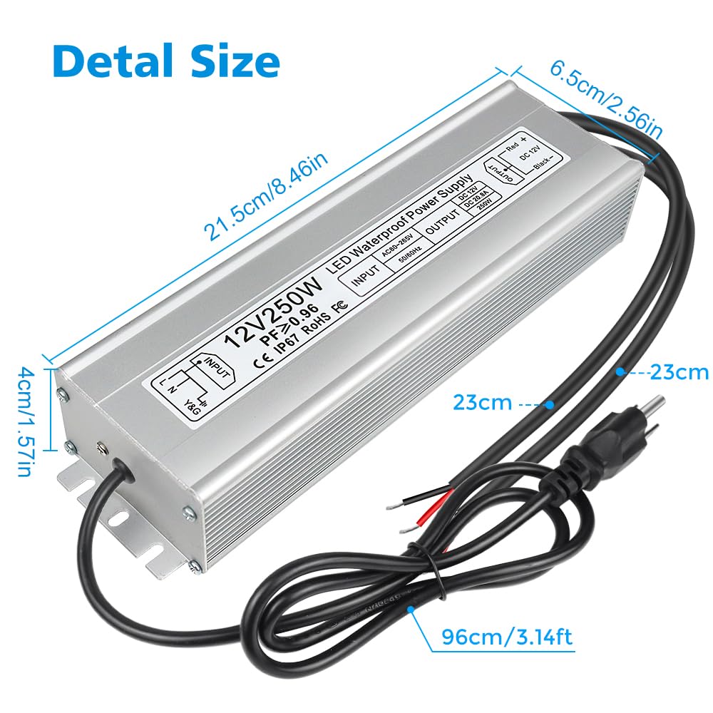 250W 12V/24V Waterproof LED Power Supply, 90-265V Input, Single/Dual Output, Aluminum Housing, Outdoor LED Lighting Driver, CE/RoHS/FCC Certified, US/UK/EU Plug