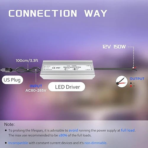 110W 12V Waterproof LED Power Supply, 90-265V Input, Single Output, Aluminum Housing, Outdoor LED Lighting Driver, CE/RoHS/FCC Certified, US/UK/EU Plug