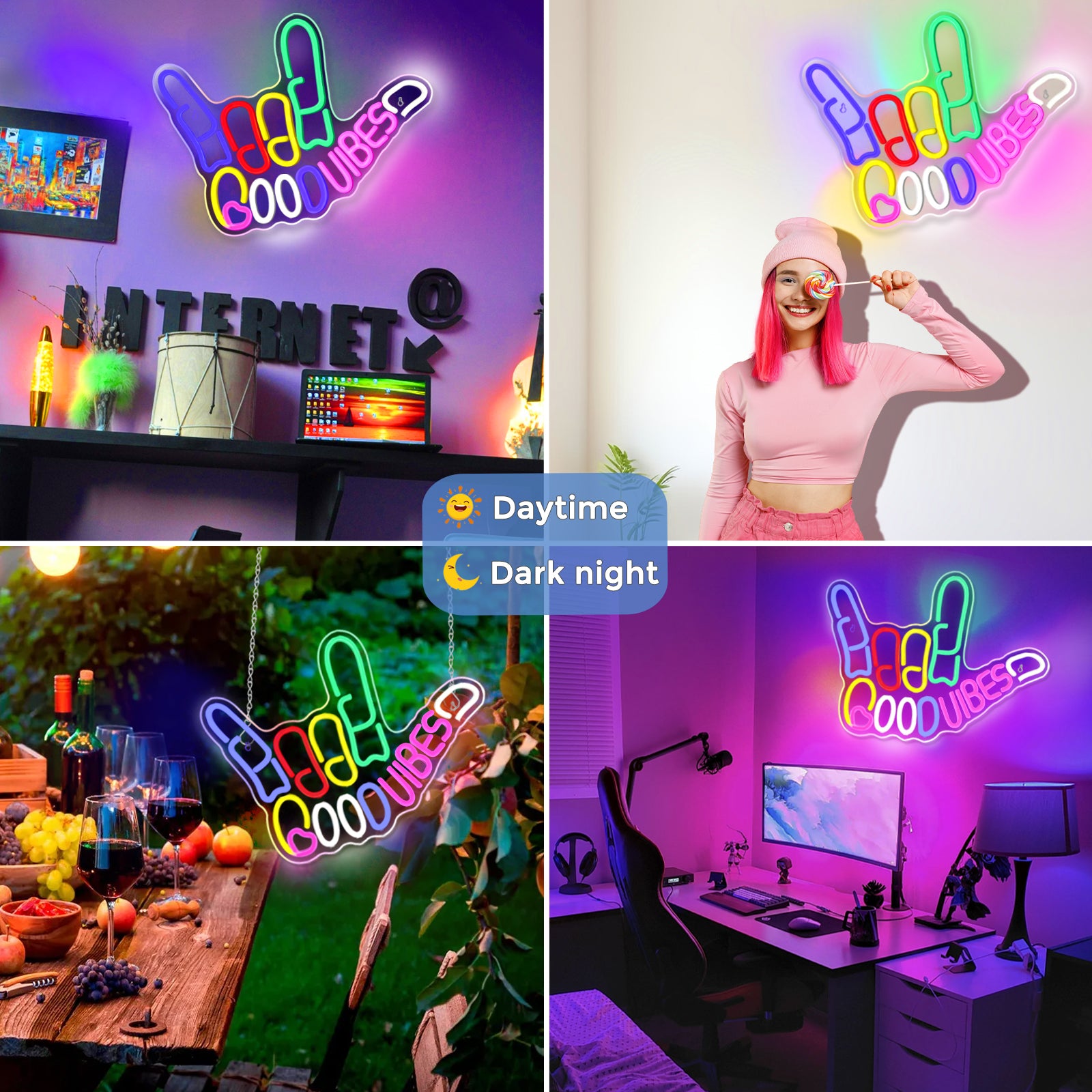 LightingWill "Good Vibes" Neon Sign – Dimmable LED Finger Light, USB Powered Wall Decor for Game Rooms, Bars, Weddings & More