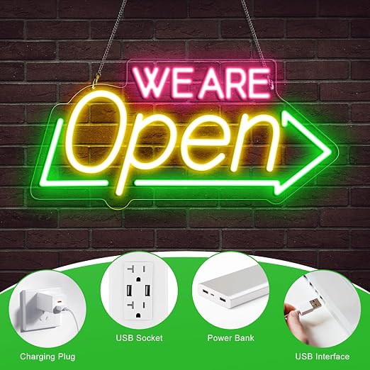 WE ARE OPEN Silicone LED shop signs – USB Powered | 16.1 × 7.8 inch | Arrow Shape | 2 Glow Color Options | LED Window Sign for Cafes, Restaurants &amp; Retail Shops
