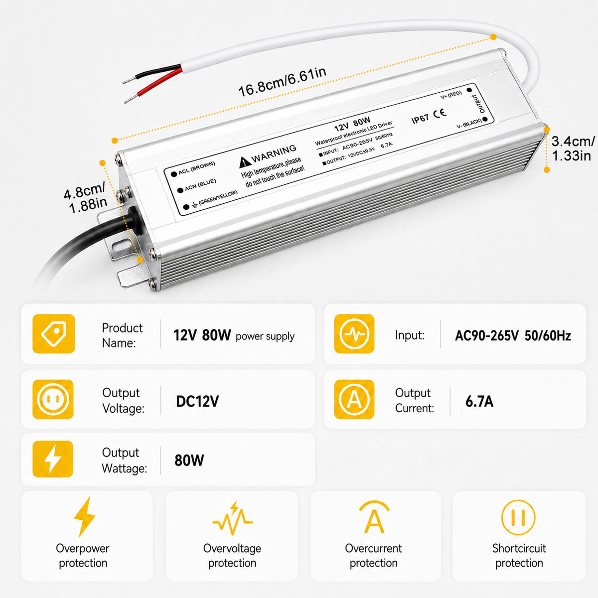 80W 12V/24V/36V/48V Waterproof LED Power Supply, 90-265V Input, Single Output, Aluminum Housing, Outdoor LED Lighting Driver, CE/RoHS/FCC Certified, US/UK/EU Plug