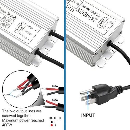 500W 12V/24V Waterproof LED Power Supply, 90-140V Input, Dual Output, Aluminum Housing, Outdoor LED Lighting Driver, CE/RoHS/FCC Certified, US Plug