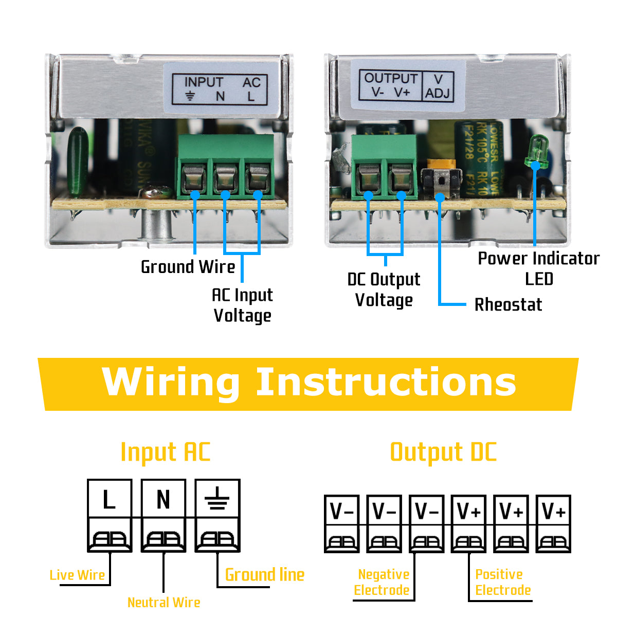 DC 5V LED Switching Power Supply 10W–100W, AC 110/220V Input, LED Light Driver Transformer, Durable Metal Housing with Screw Terminals, CE/FCC/RoHS Certified