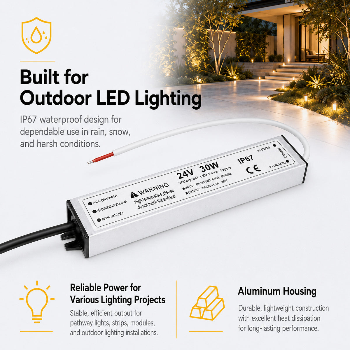 30W 12V/24V Waterproof LED Power Supply, 90-265V Input, Single Output, Aluminum Housing, Outdoor LED Lighting Driver, CE/RoHS/FCC Certified, US/UK/EU Plug