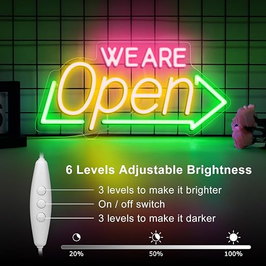 WE ARE OPEN Silicone LED shop signs – USB Powered | 16.1 × 7.8 inch | Arrow Shape | 2 Glow Color Options | LED Window Sign for Cafes, Restaurants &amp; Retail Shops