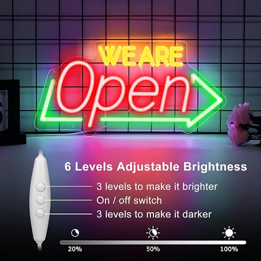 WE ARE OPEN Integrated LED shop signs – USB Powered | 16.1×7.8 inch | Arrow Shape LED Window Sign |  Yellow + Red + Green Glow for Cafes, Restaurants & Retail Shops