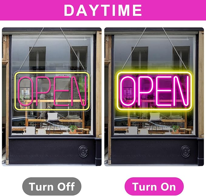 OPEN Silicone LED shop signs – USB Powered | 16.5×9 inch | Yellow + Pink Glow | LED Window Hanging Light for Cafes, Restaurants & Retail Shops