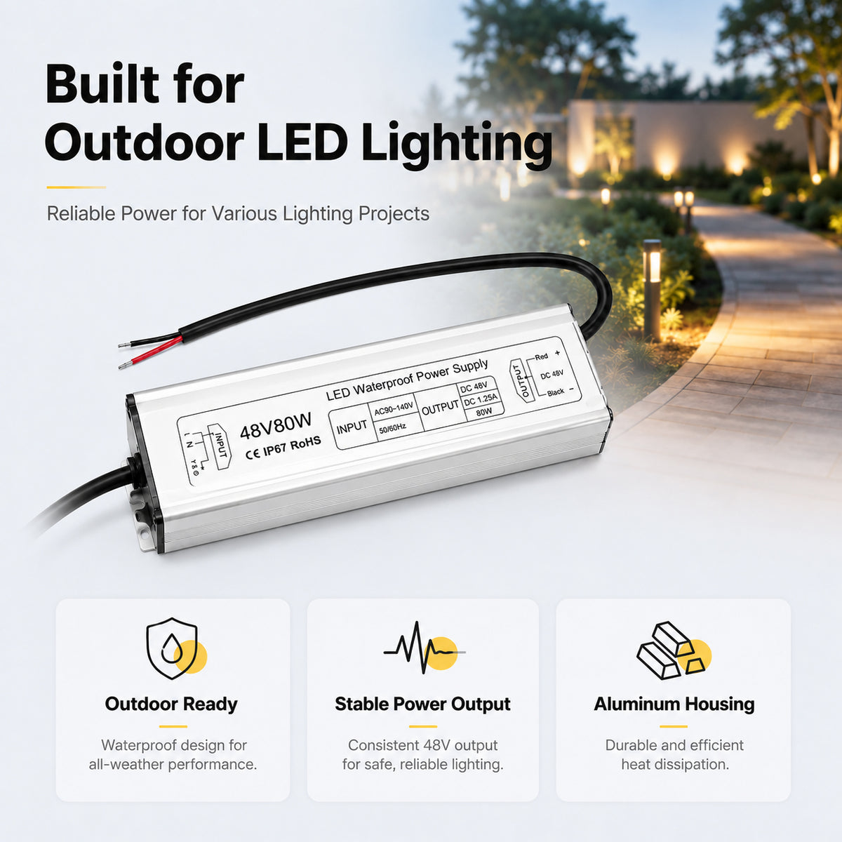 80W 12V/24V/36V/48V Waterproof LED Power Supply, 90-265V Input, Single Output, Aluminum Housing, Outdoor LED Lighting Driver, CE/RoHS/FCC Certified, US/UK/EU Plug