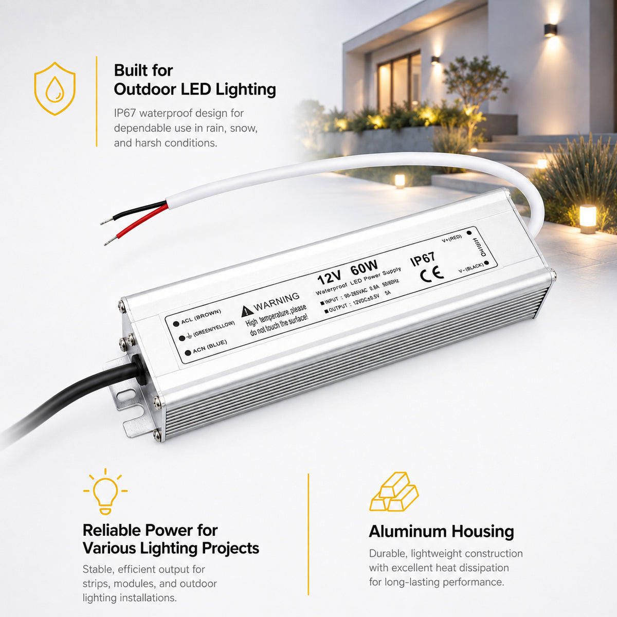 60W 12V/24V/36V/48V Waterproof LED Power Supply, 90-265V Input, Single Output, Aluminum Housing, Outdoor LED Lighting Driver, CE/RoHS/FCC Certified, US/UK/EU Plug