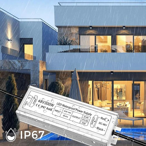 300W 36V/48V Waterproof LED Power Supply, 90-140V Input, Single Output, Aluminum Housing, Outdoor LED Lighting Driver, CE/RoHS/FCC Certified, US Plug