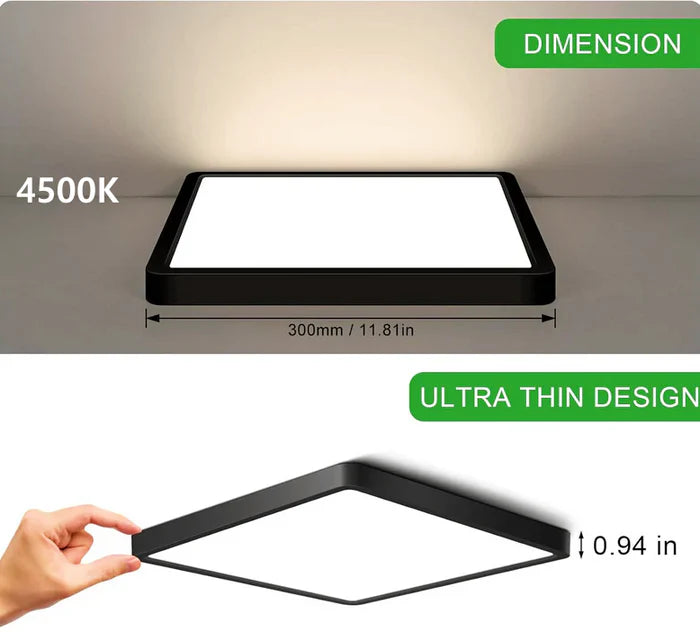 12 Inch 24W White / Black Square Slim LED Ceiling Lights – AC 110–130V | 3000K / 4500K / 5000K / 6500K | Flush Mount Ceiling Light for Modern Home Lighting | 1-Pack – Local Stock (US)
