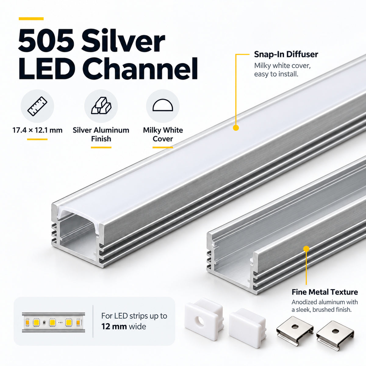 Silver 505-B 17.4 × 12.1mm LED Aluminum Channel, 12mm Inner Width, with Milky White Cover & Installation Accessories