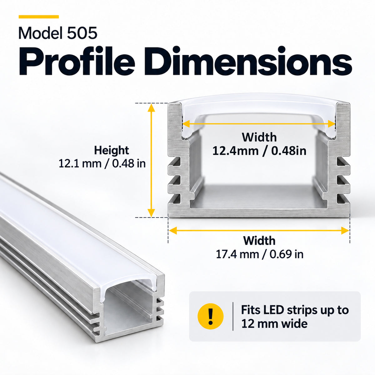 Silver 505-B 17.4 × 12.1mm LED Aluminum Channel, 12mm Inner Width, with Milky White Cover & Installation Accessories