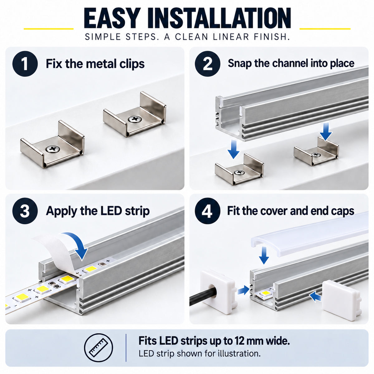 Silver 505-B 17.4 × 12.1mm LED Aluminum Channel, 12mm Inner Width, with Milky White Cover & Installation Accessories