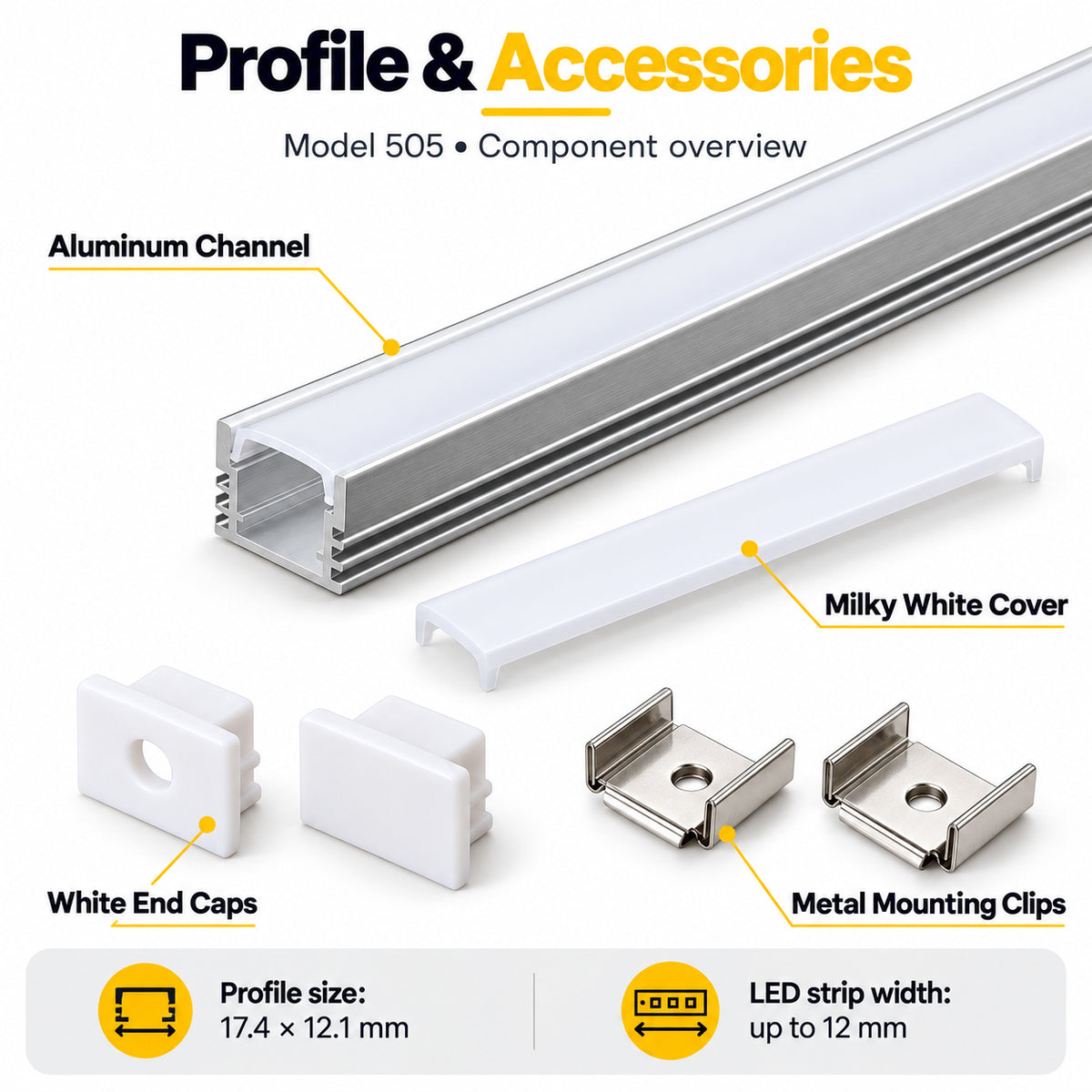 Silver 505-B 17.4 × 12.1mm LED Aluminum Channel, 12mm Inner Width, with Milky White Cover & Installation Accessories