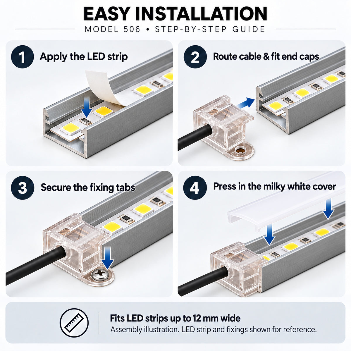 Silver 506-B 19 × 8.5mm LED Aluminum Channel, 12mm Inner Width, with Milky White Cover & Installation Accessories