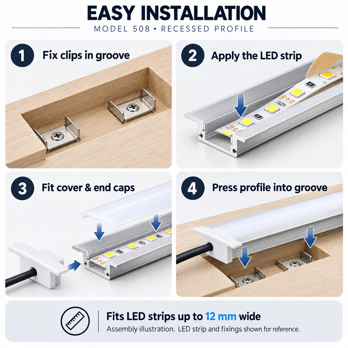 Silver 508-B 24.7 × 7mm Wall-Mount LED Aluminum Channel, 12mm Inner Width, with Milky White Cover & Installation Accessories