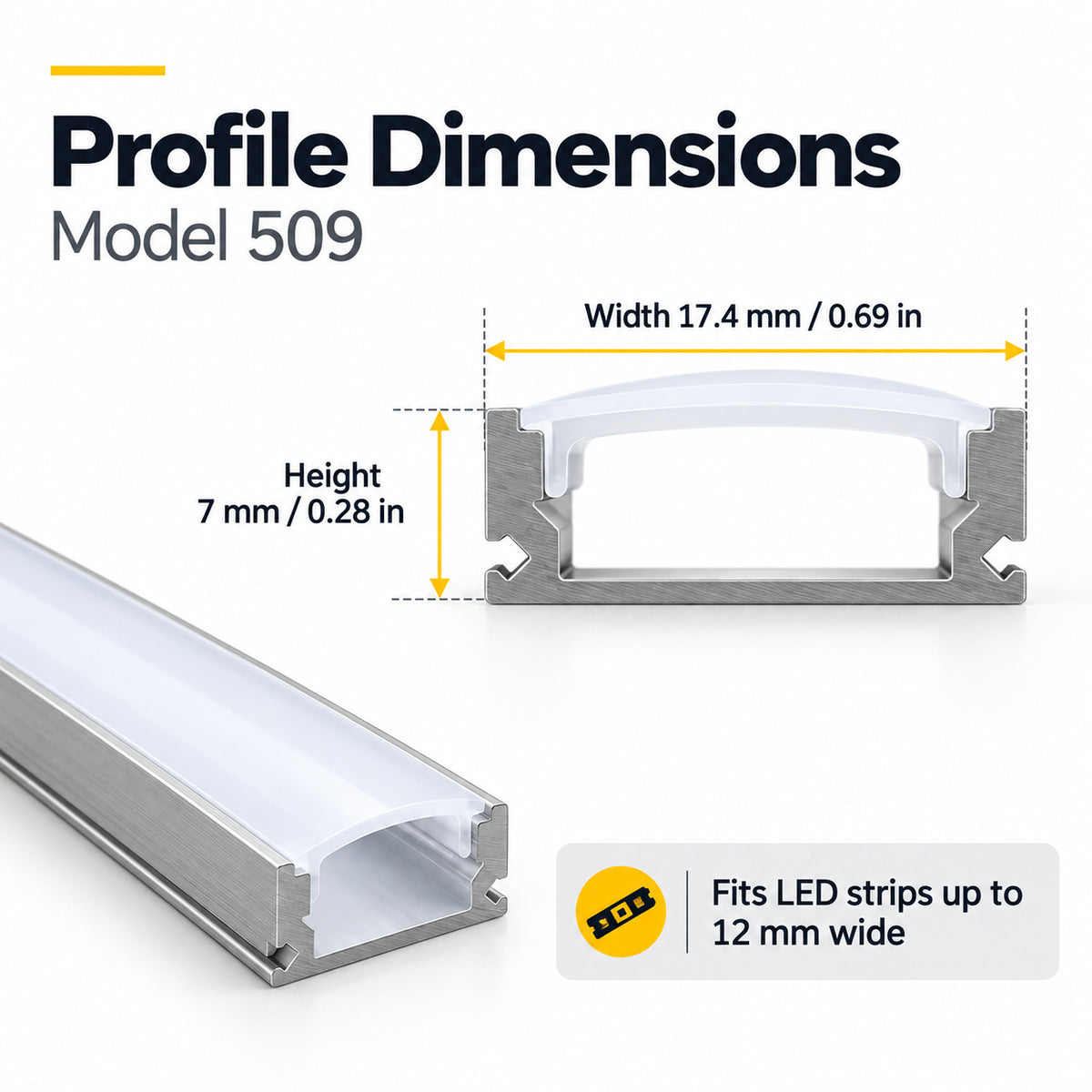 Silver 509-B 17.4 × 7mm Wall-Mount LED Aluminum Channel, 12mm Inner Width, with Milky White Cover & Installation Accessories