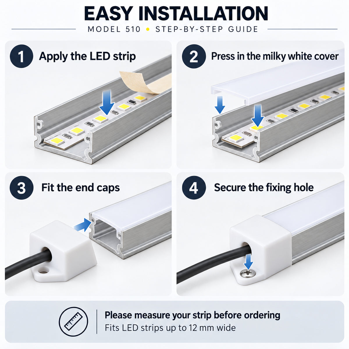 Silver 510-B 13.2 × 7mm LED Aluminum Channel, 12mm Inner Width, with Milky White Cover & Installation Accessories