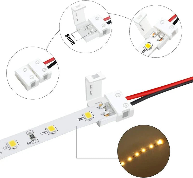 LightingWill LED Strip Connector 10mm 2Pin Solderless Clips, LED Light Strip Connector Strip to Wire Strip to Strip DC Adapter L T Connectors, Local Stock US UK