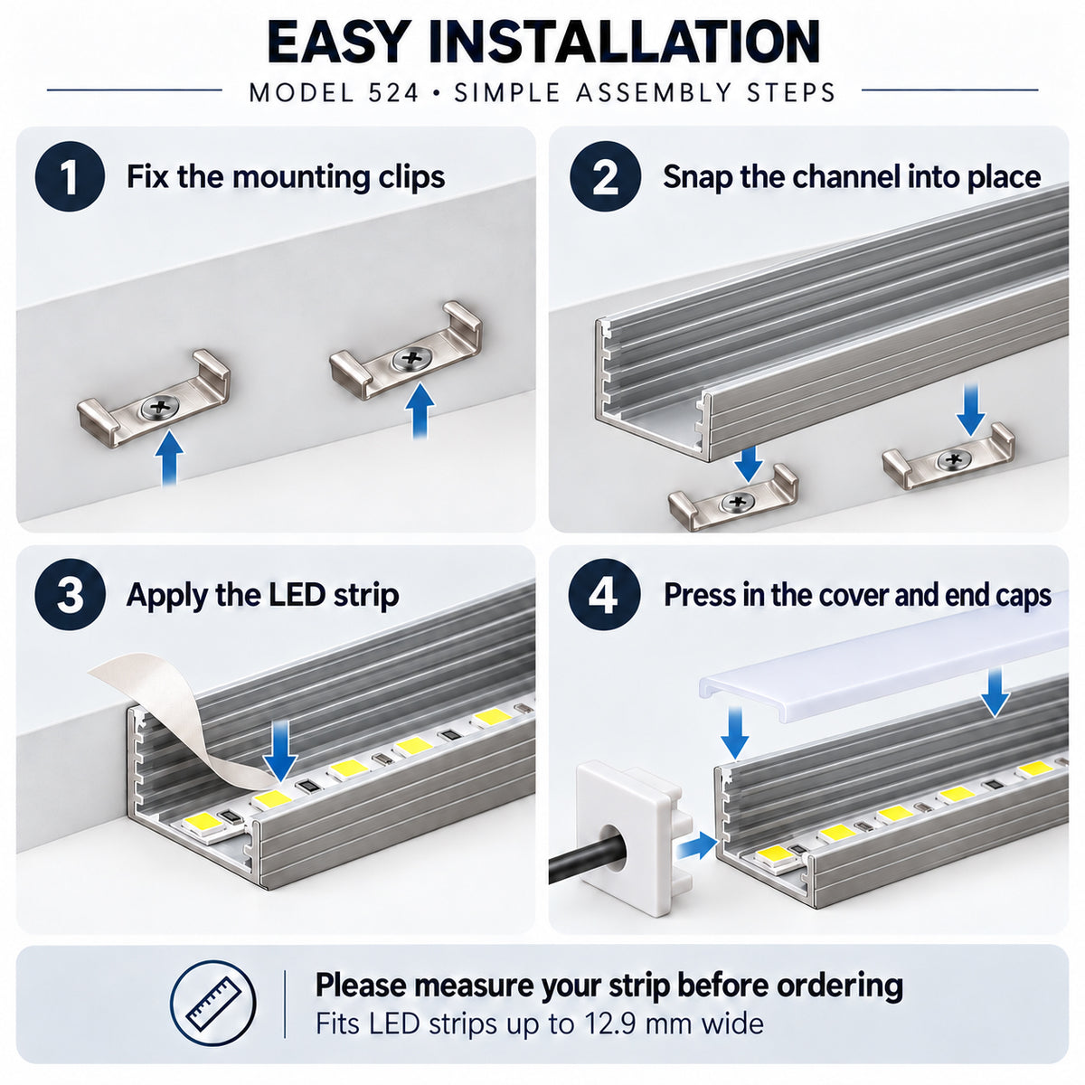 Silver 524-B 14.5 × 14.5mm LED Aluminum Channel, 12.9mm Inner Width, with Milky White Cover & Installation Accessories