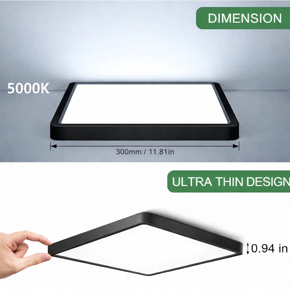 12 Inch 24W White / Black Square Slim LED Ceiling Lights – AC 110–130V | 3000K / 4500K / 5000K / 6500K | Flush Mount Ceiling Light for Modern Home Lighting | 1-Pack – Local Stock (US)