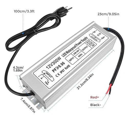 300W 12V/24V Waterproof LED Power Supply, 90-265V Input, Single/Dual/Triple Wire Output, Aluminum Housing, Outdoor LED Lighting Driver, CE/RoHS/FCC Certified, US/UK/EU Plug