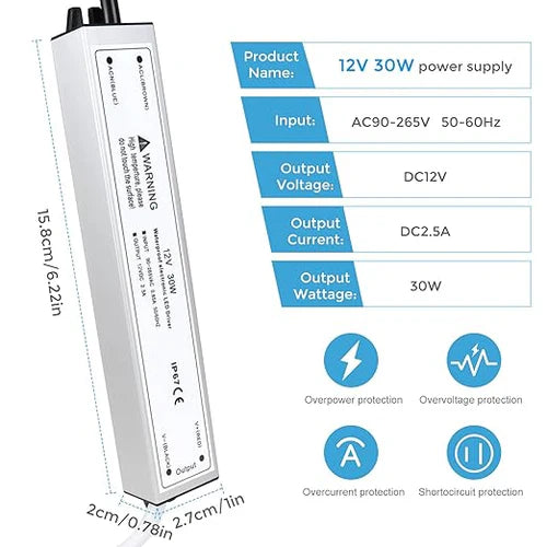 30W 12V/24V Waterproof LED Power Supply, 90-265V Input, Single Output, Aluminum Housing, Outdoor LED Lighting Driver, CE/RoHS/FCC Certified, US/UK/EU Plug