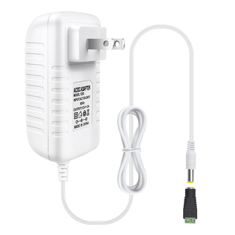Power Supply Adapter DC 12V 12W–36W, AC 100–240V Wall Plug Transformer with US Plug, White Case LED Driver for LED Strip Lights, CCTV, Electronics