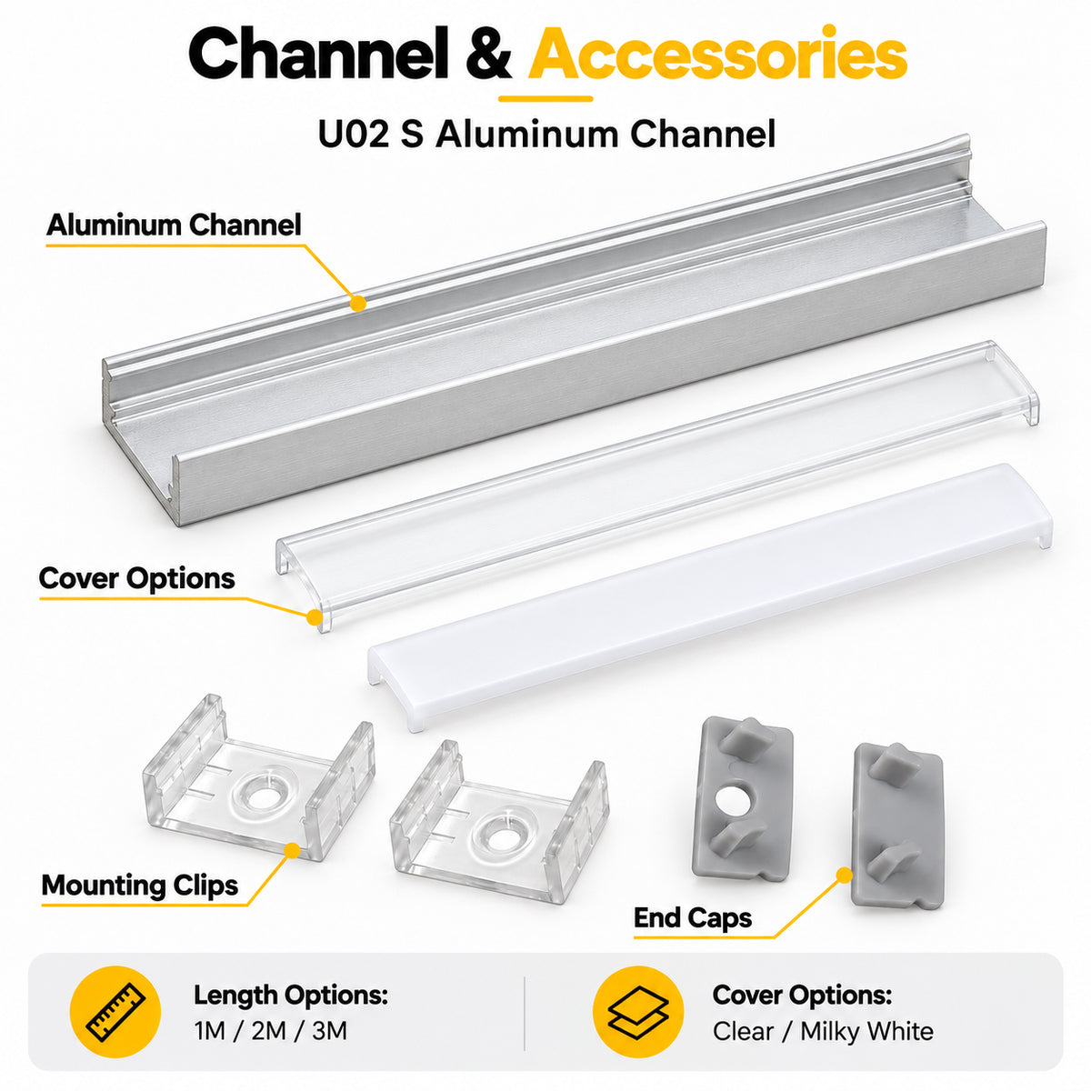 Silver U02 9x17mm U-Shape LED Aluminum Channel, 12mm Inner Width, with Cover, End Caps & Mounting Clips