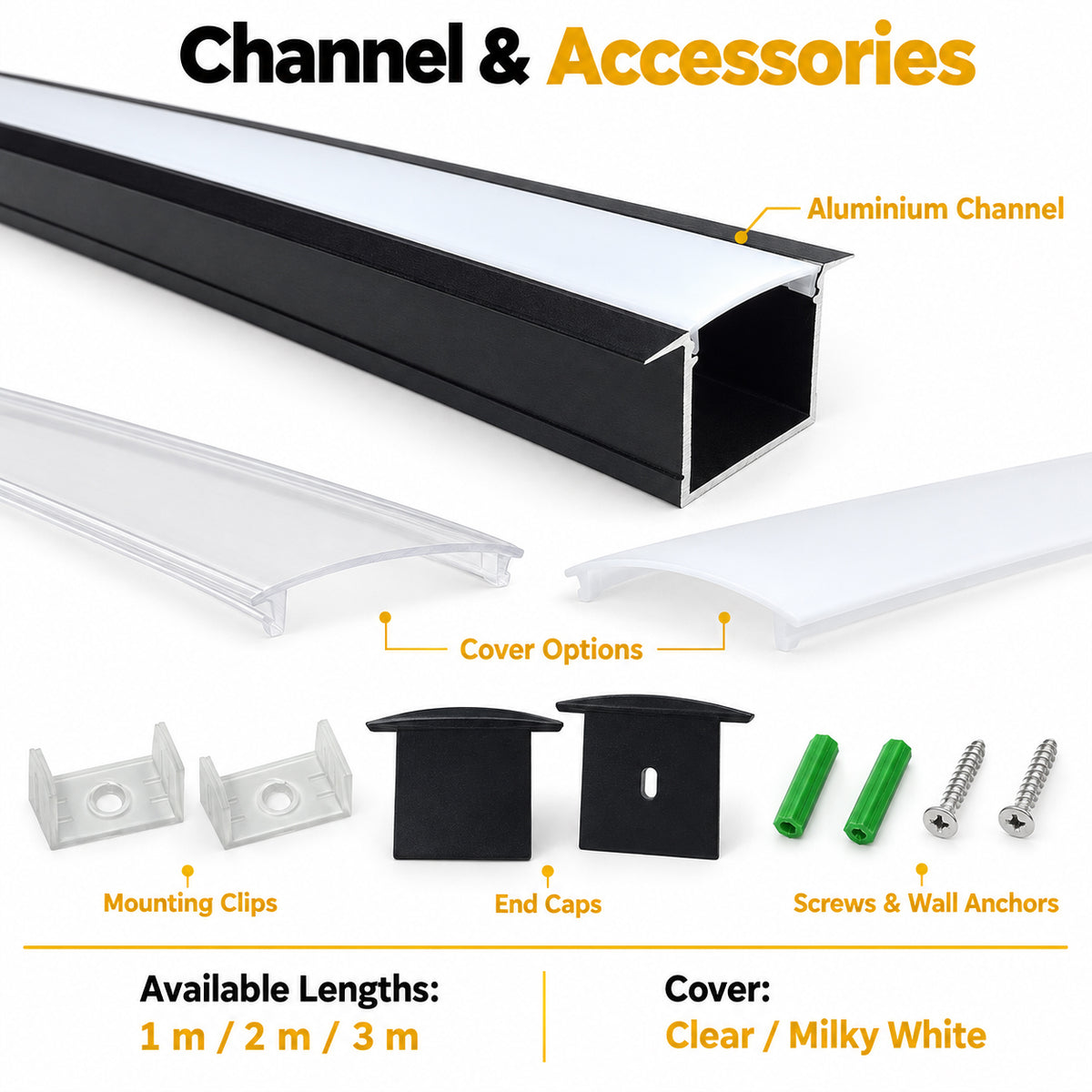 Black U05 36x24mm U-Shape LED Aluminum Channel, 20mm Inner Width, with Cover, End Caps & Mounting Clips for Spot-Free LED Strip Lighting