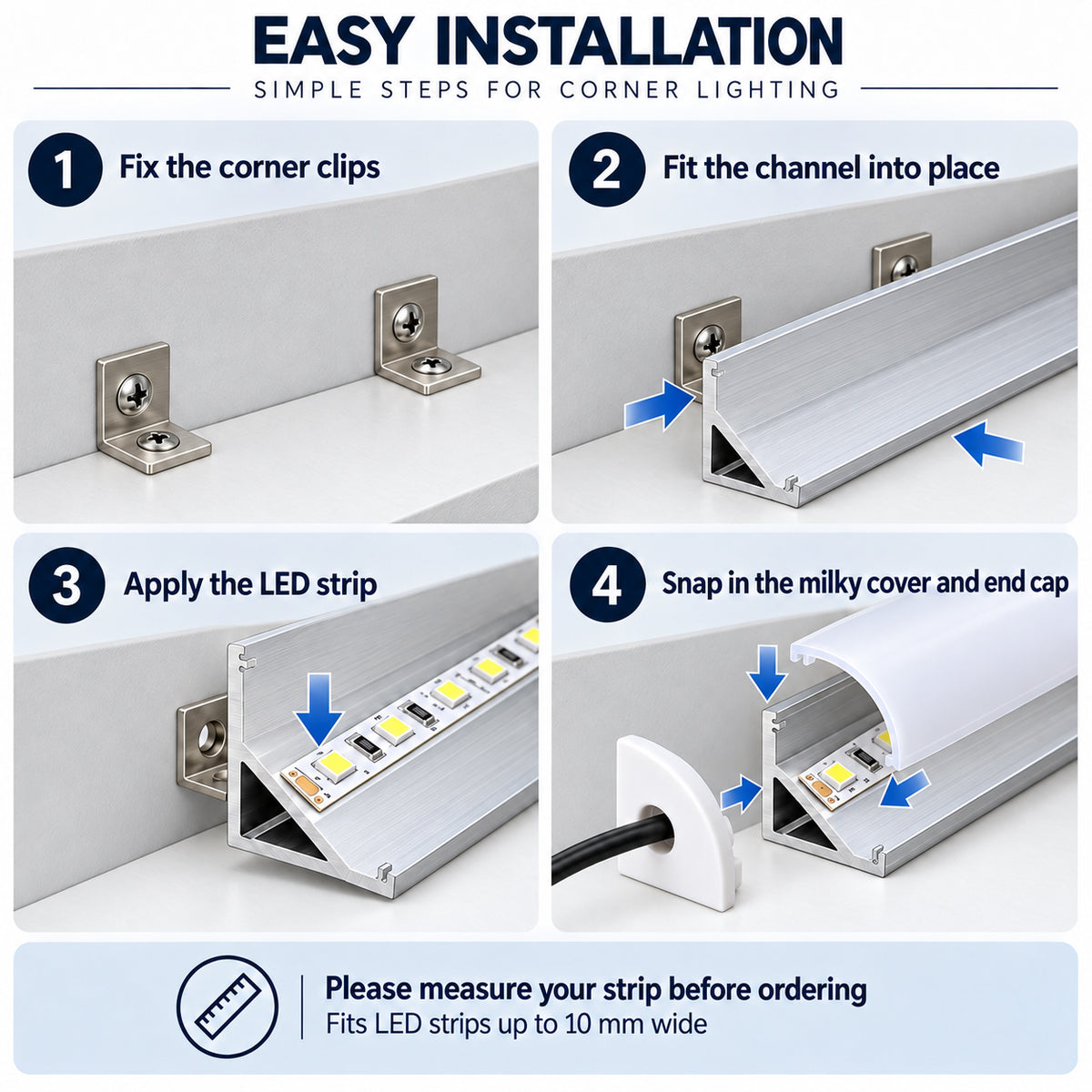 Silver 601-B 15.8 × 15.8mm Mini V-Shape LED Aluminum Channel, 10mm Inner Width, with Milky White Cover & Installation Accessories