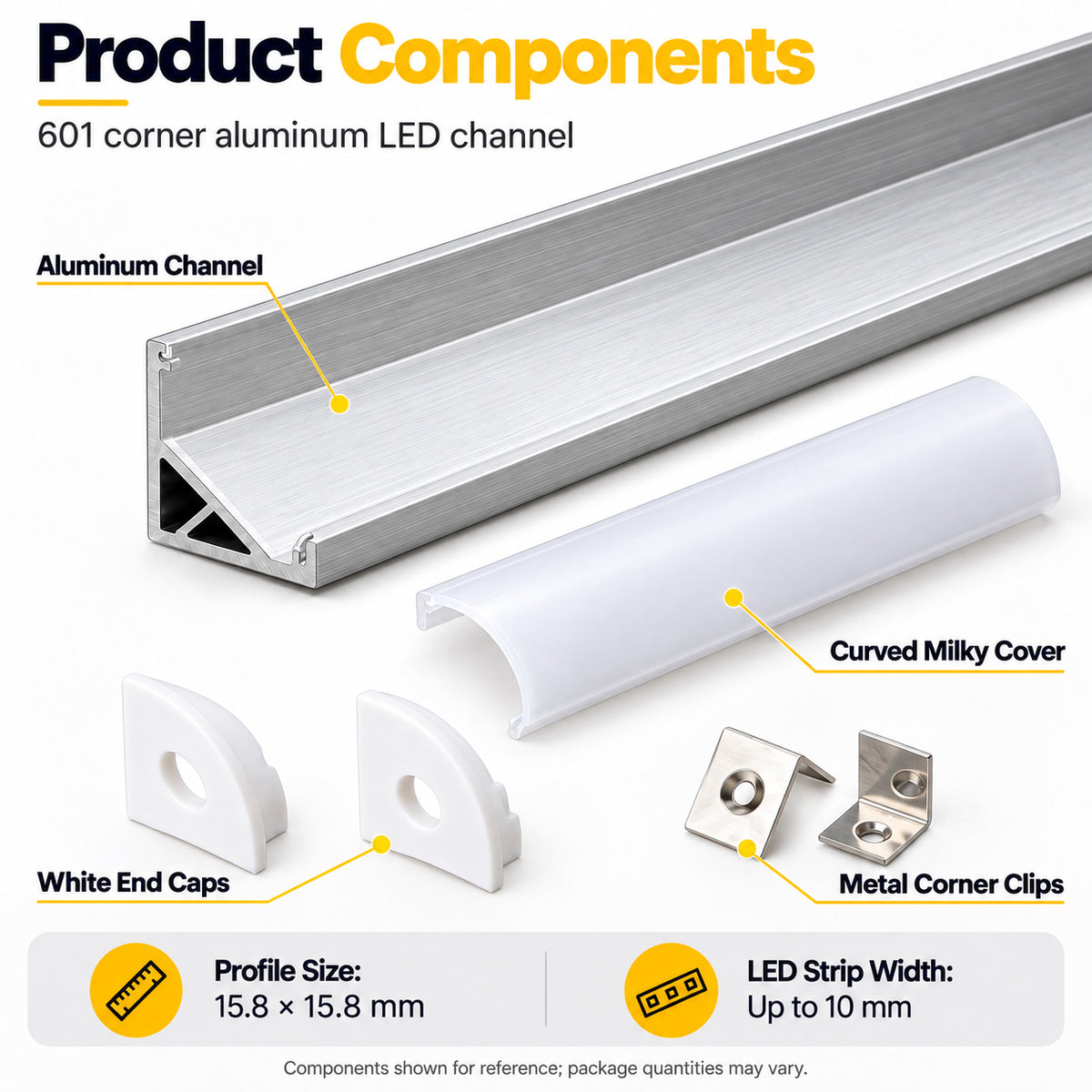 Silver 601-B 15.8 × 15.8mm Mini V-Shape LED Aluminum Channel, 10mm Inner Width, with Milky White Cover & Installation Accessories