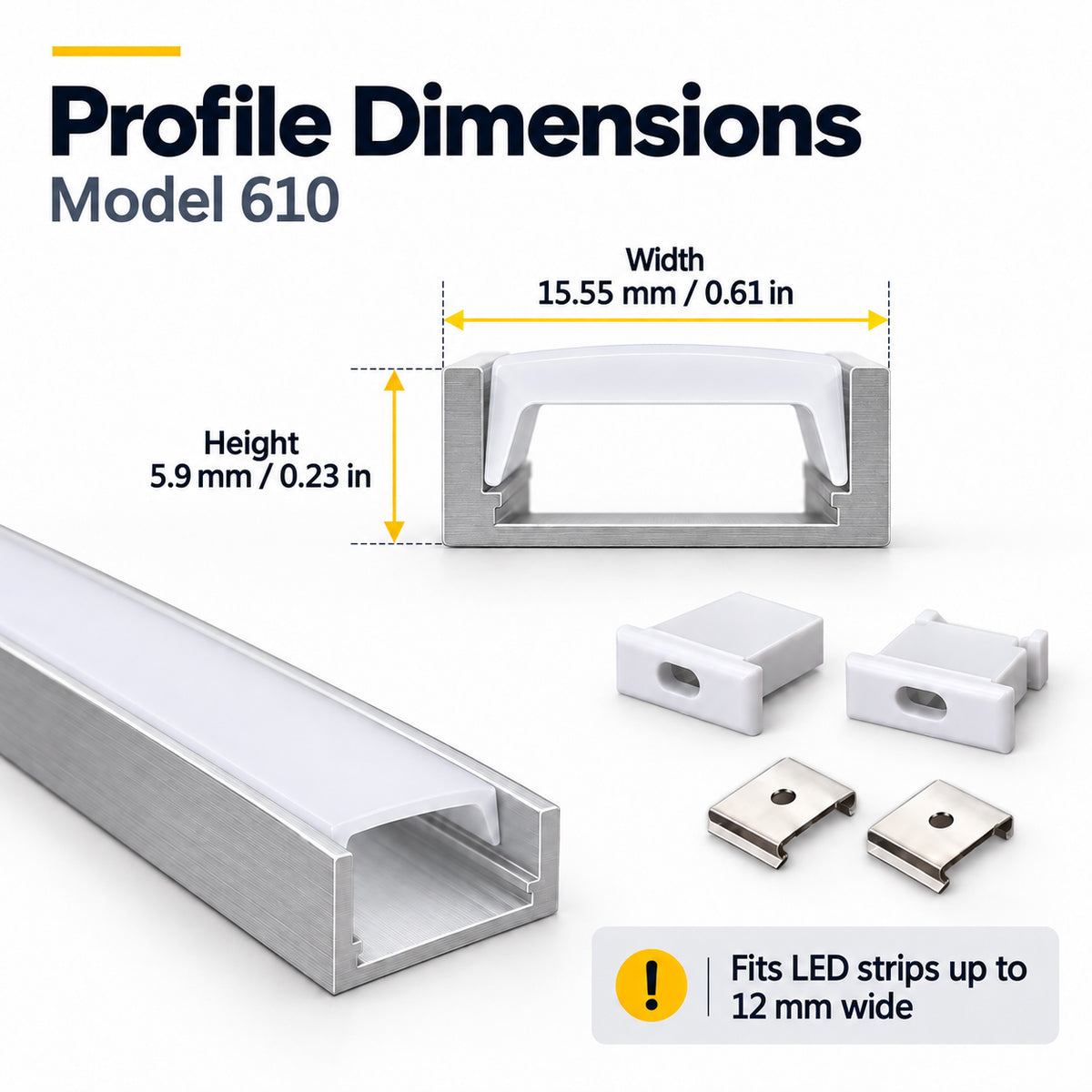 Silver 610-B 15.5 × 5.9mm LED Aluminum Channel, 12mm Inner Width, with Milky White Cover & Installation Accessories