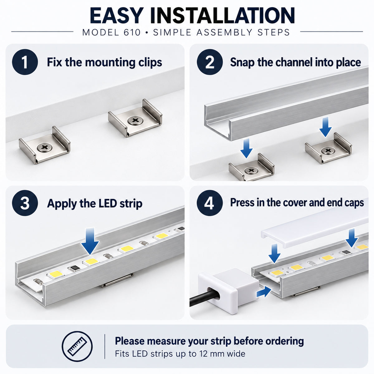 Silver 610-B 15.5 × 5.9mm LED Aluminum Channel, 12mm Inner Width, with Milky White Cover & Installation Accessories