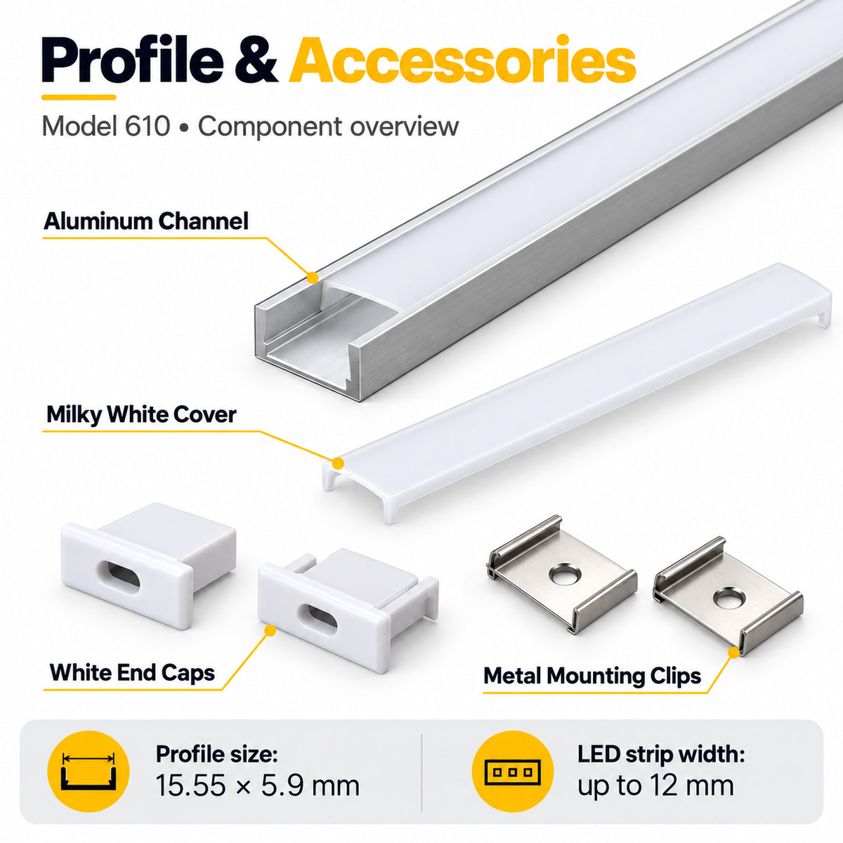 Silver 610-B 15.5 × 5.9mm LED Aluminum Channel, 12mm Inner Width, with Milky White Cover & Installation Accessories