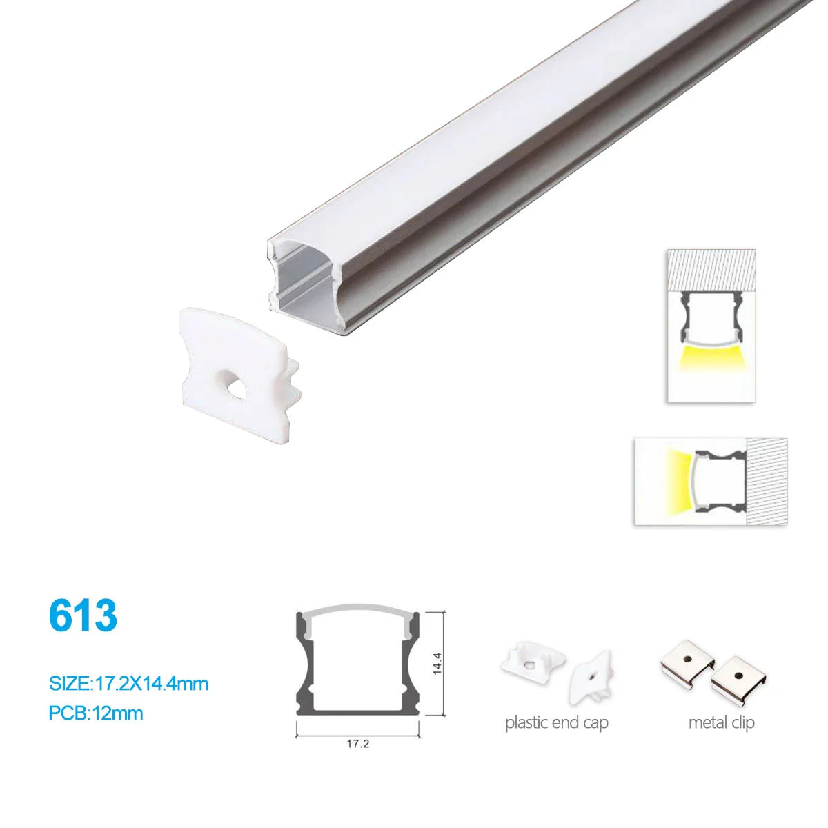 Silver 613-B 17.2 × 14.4mm Mini Square Trimless Surface-Mount LED Aluminum Channel, 10mm Inner Width, with Milky White Cover & Installation Accessories