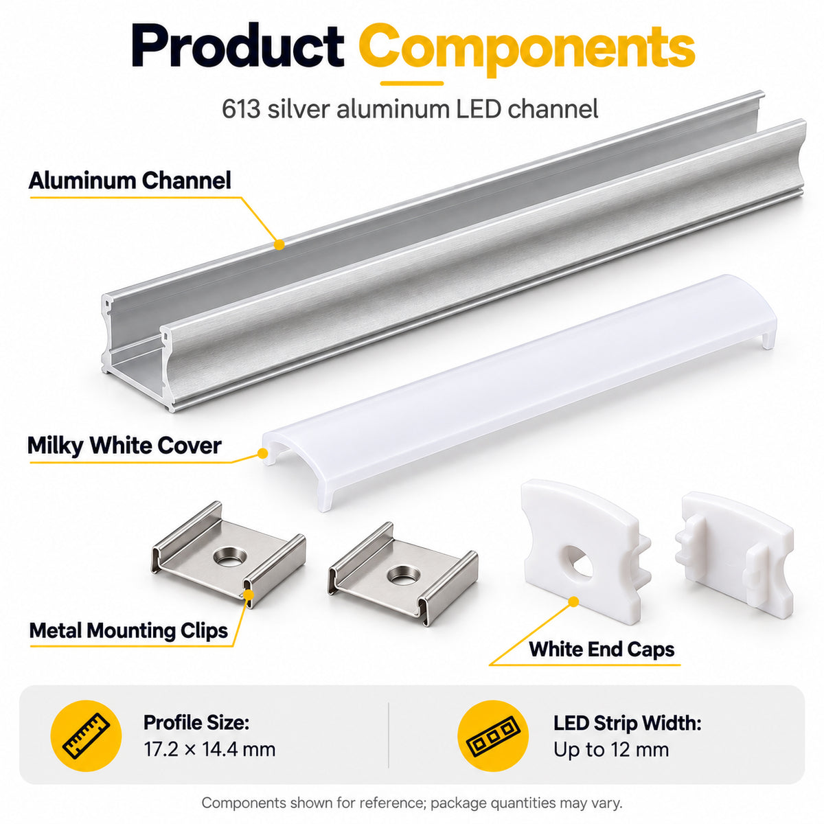 Silver 613-B 17.2 × 14.4mm Mini Square Trimless Surface-Mount LED Aluminum Channel, 10mm Inner Width, with Milky White Cover & Installation Accessories