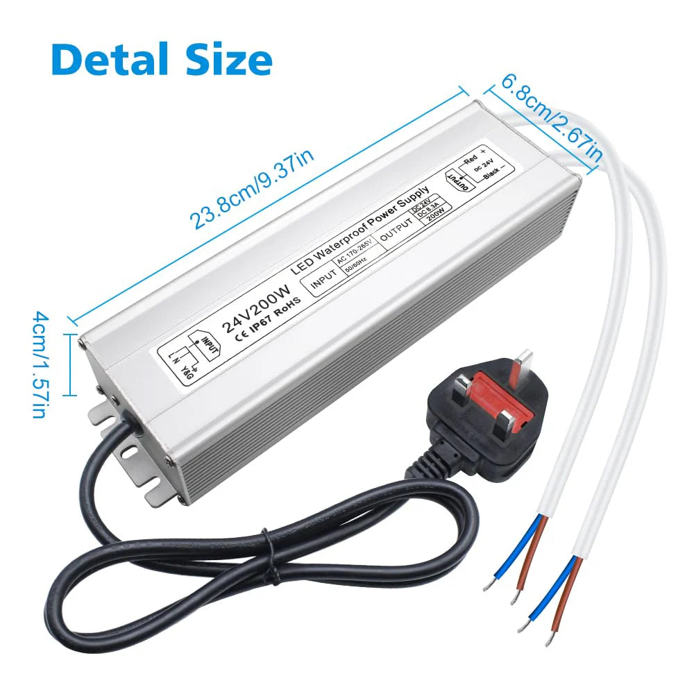 200W 12V/24V/36V/48V Waterproof LED Power Supply, 175-265V Input, Single/Dual Output, Aluminum Housing, Outdoor LED Lighting Driver, CE/RoHS/FCC Certified, UK/EU Plug