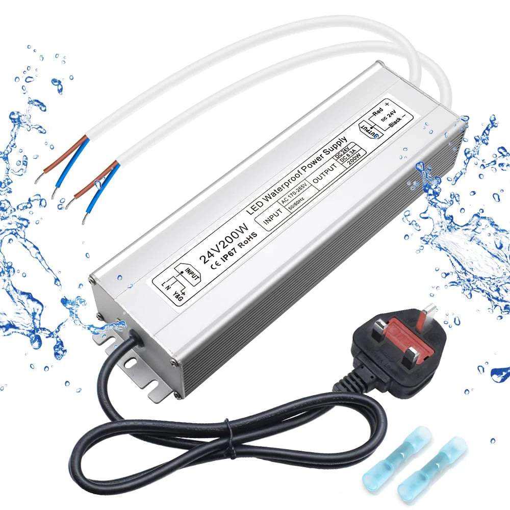 200W 12V/24V/36V/48V Waterproof LED Power Supply, 175-265V Input, Single/Dual Output, Aluminum Housing, Outdoor LED Lighting Driver, CE/RoHS/FCC Certified, UK/EU Plug