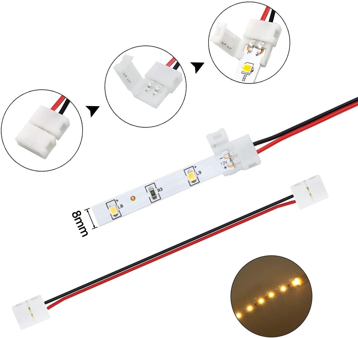 LightingWill 10pcs/Pack Strip to Strip with Wire Solderless Snap Down 2Pin Conductor LED Strip Connector for 8mm Wide 3528 2835 Single Color Flex LED Strips