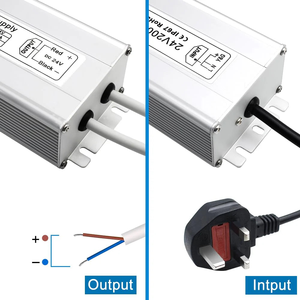 500W 12V/24V Waterproof LED Power Supply, 175-265V Input, Dual Output, Aluminum Housing, Outdoor LED Lighting Driver, CE/RoHS/FCC Certified, UK/EU Plug