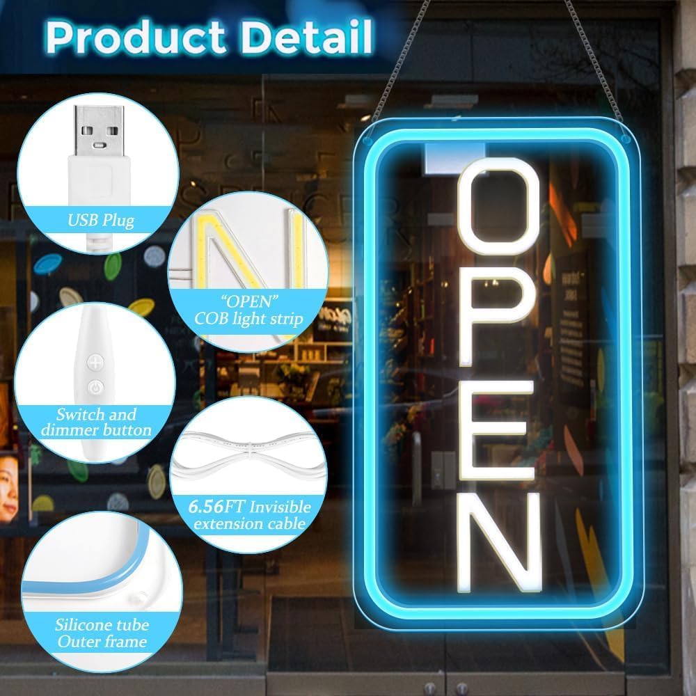 Vertical OPEN LED shop signs – USB Powered | 16×9 inch | 5 Color Options | LED Window Hanging Light for Cafes, Restaurants & Retail Shops